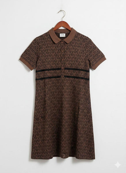 Elegant Women’s Brown Printed Polo Dress Classic Chic Everyday Wear