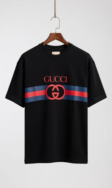Branded Black Logo Print Drop Shoulder T-Shirt with Signature Stripe Design