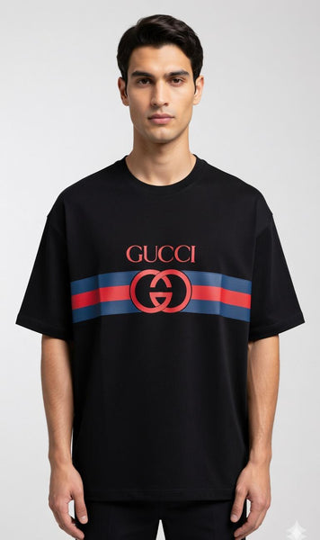 Branded Black Logo Print Drop Shoulder T-Shirt with Signature Stripe Design
