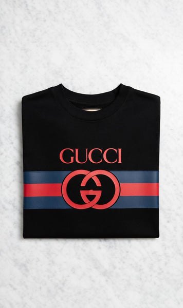 Branded Black Logo Print Drop Shoulder T-Shirt with Signature Stripe Design