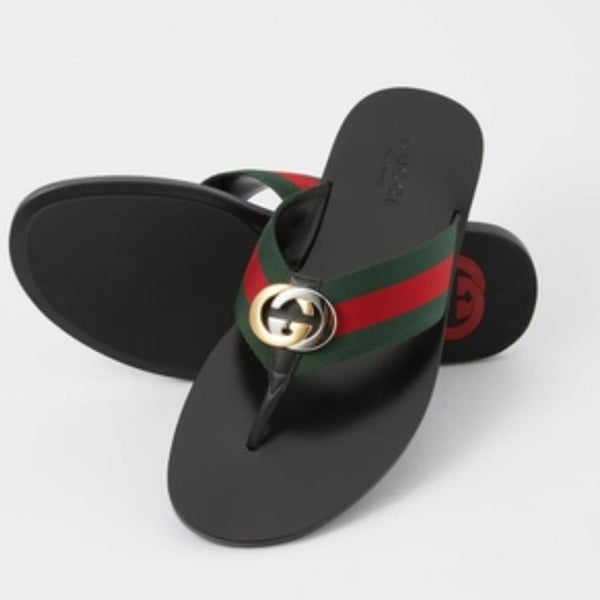 Stylish Black Flat Sandals with Signature Stripe Strap & Gold Logo Detail