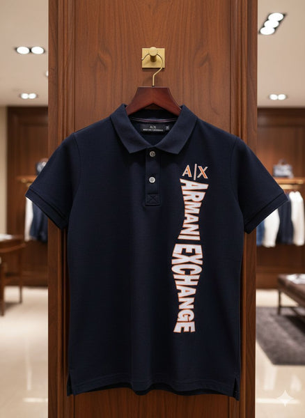 Kids Navy Blue Premium Branded  Polo T-Shirt with Vertical Logo Print