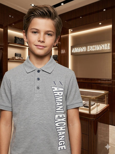 Luxury Kids Grey  Logo Print Polo T-Shirt with Button Placket