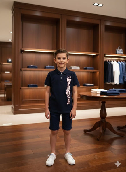 Kids Navy Blue Premium Branded  Polo T-Shirt with Vertical Logo Print