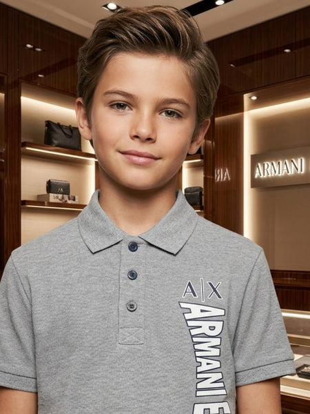 Luxury Kids Grey  Logo Print Polo T-Shirt with Button Placket