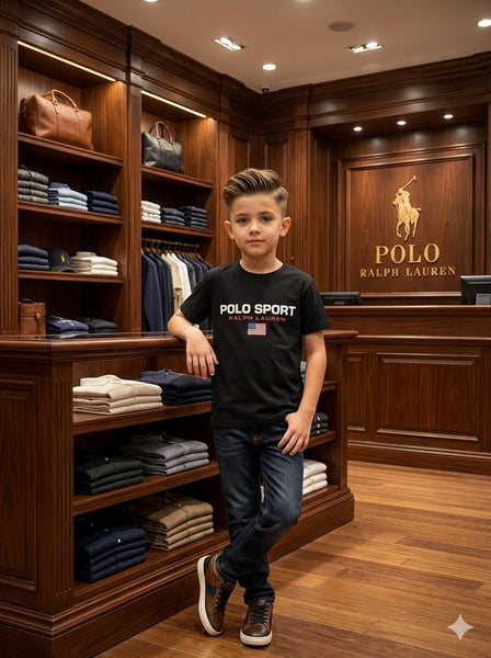 Kids Black Polo Sport Graphic T-Shirt with Front Logo Print
