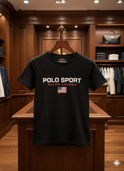 Kids Black Polo Sport Graphic T-Shirt with Front Logo Print