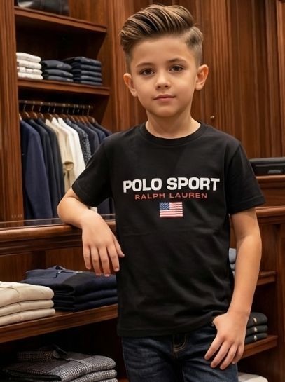 Kids Black Polo Sport Graphic T-Shirt with Front Logo Print