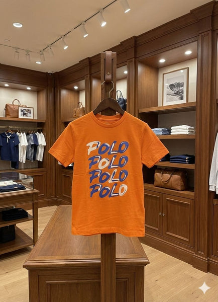 Kids Orange Graphic Print T-Shirt with “Polo” Text Design