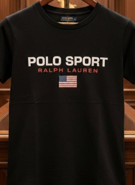 Kids Black Polo Sport Graphic T-Shirt with Front Logo Print