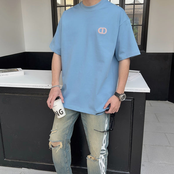 Stylish Blue Oversized T-Shirt with Embroidered Chest Logo