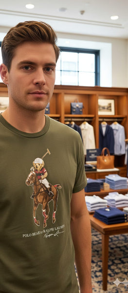 Premium Olive Green Polo Bear Graphic T-Shirt