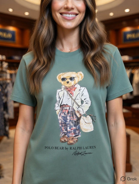 Premium Polo Bear Graphic Green T-Shirt for Women