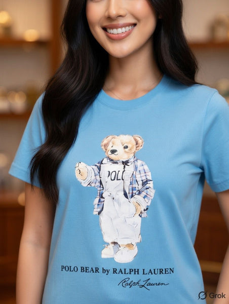 Premium Polo Bear Graphic Sky Blue T-Shirt for Women