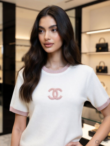 Luxury  White & Pink Logo Knit Co-Ord Set for Women