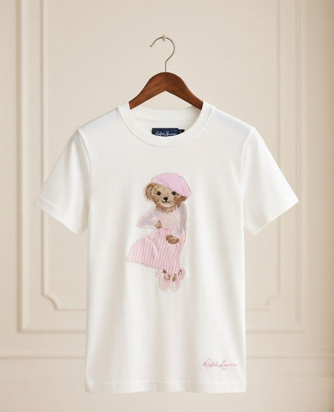Premium Chic White Embroidered Bear T-Shirt For Women