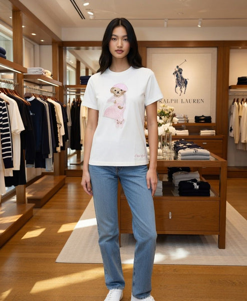 Premium Chic White Embroidered Bear T-Shirt For Women
