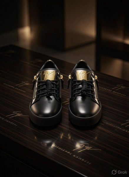 Luxury Black Designer Sneakers with Gold Detailing – Premium Street Style Shoes