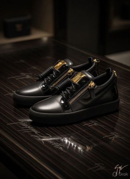 Luxury Black Designer Sneakers with Gold Detailing – Premium Street Style Shoes