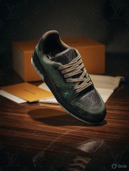 Luxury Monogram Designer Sneakers  Premium Green & Black Street Style Shoes