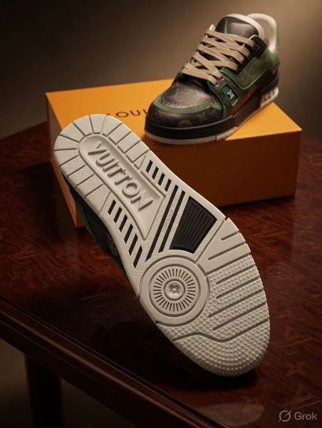 Luxury Monogram Designer Sneakers  Premium Green & Black Street Style Shoes