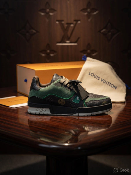 Luxury Monogram Designer Sneakers  Premium Green & Black Street Style Shoes