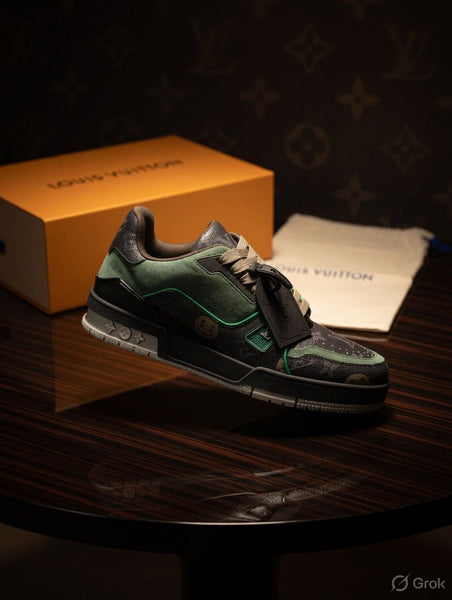 Luxury Monogram Designer Sneakers  Premium Green & Black Street Style Shoes