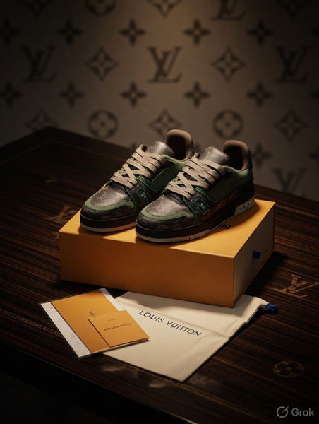 Luxury Monogram Designer Sneakers  Premium Green & Black Street Style Shoes