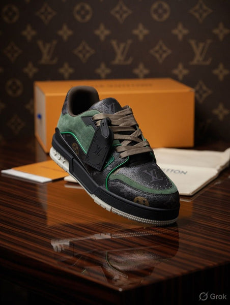 Luxury Monogram Designer Sneakers  Premium Green & Black Street Style Shoes