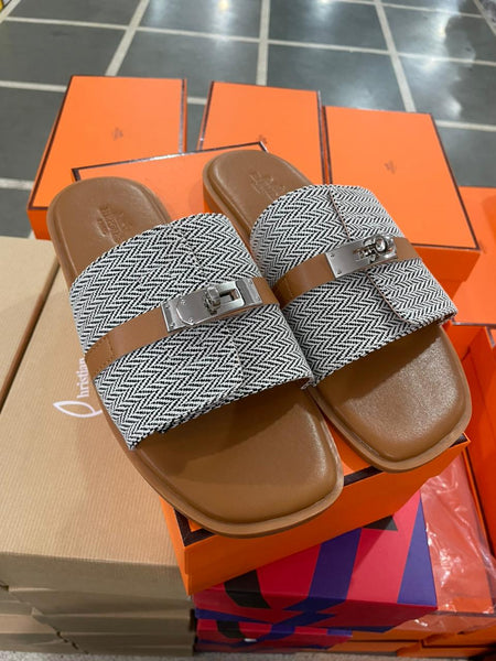 Premium Designer Slide Sandals Stylish  Flat Slippers with Metal Buckle