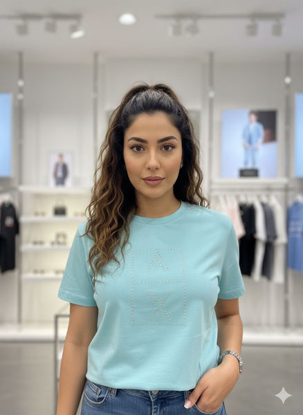 Premium AX Studded Logo Sky Blue T-Shirt For Women