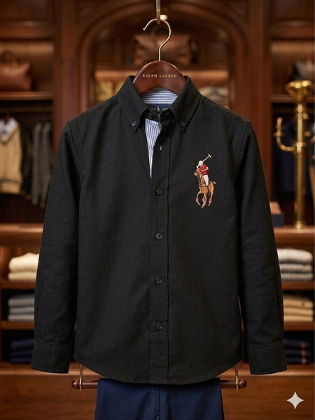 Kids Premium Black Polo Shirt With Brand Logo  Button-Down Style