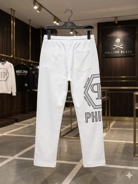 Premium Men’s White Designer Track Pants Stylish Regular Fit Joggers with Zip Pockets