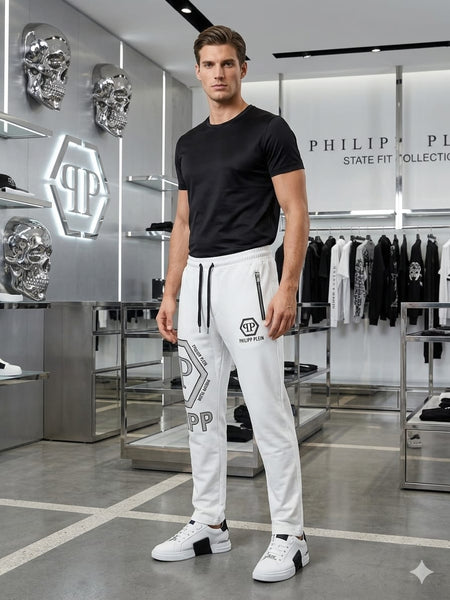 Premium Men’s White Designer Track Pants Stylish Regular Fit Joggers with Zip Pockets