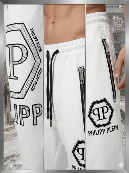 Premium Men’s White Designer Track Pants Stylish Regular Fit Joggers with Zip Pockets