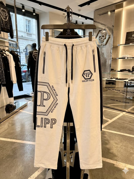 Premium Men’s White Designer Track Pants Stylish Regular Fit Joggers with Zip Pockets