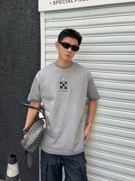 Premium Brand Grey  Drop Shoulder With Brand Logo T-Shirt