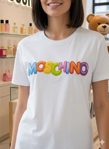 Trendy White Graphic T-Shirt with Colorful Logo Print