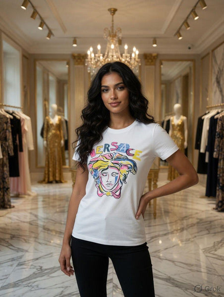 Premium White  Multicolour Brand Signature Casual T-Shirt for Women