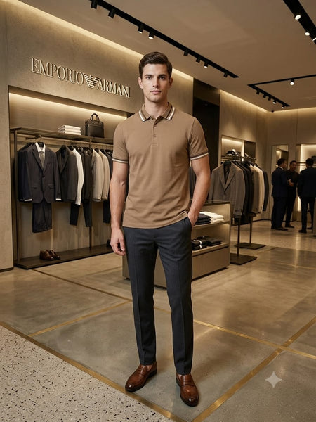 Premium Polo T-Shirt  Sand Beige Edition With Contrast Stripe Detailing.