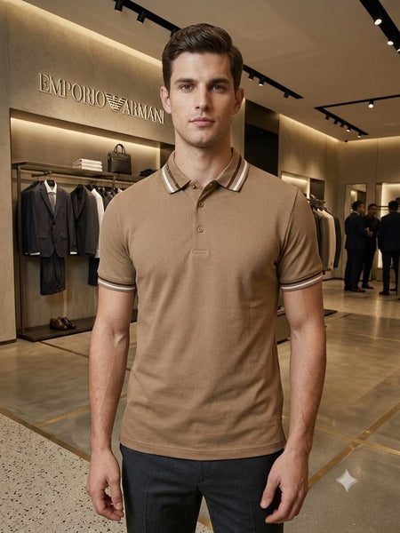 Premium Polo T-Shirt  Sand Beige Edition With Contrast Stripe Detailing.