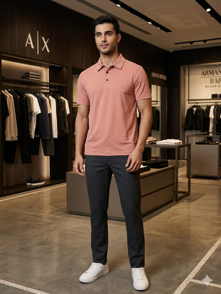Luxury Textured Polo Shirt Elegant Pink Regular  Fit