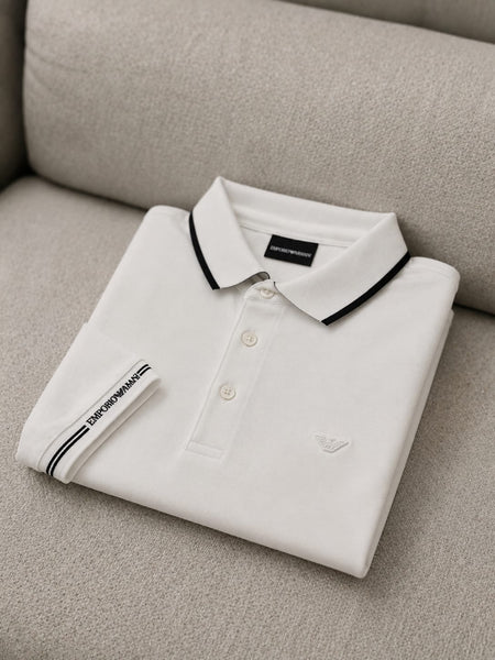 Men’s Premium White Polo T-Shirt with Contrast Tipping Collar
