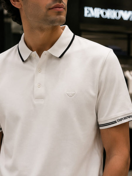 Men’s Premium White Polo T-Shirt with Contrast Tipping Collar