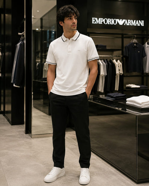 Men’s Premium White Polo T-Shirt with Contrast Tipping Collar