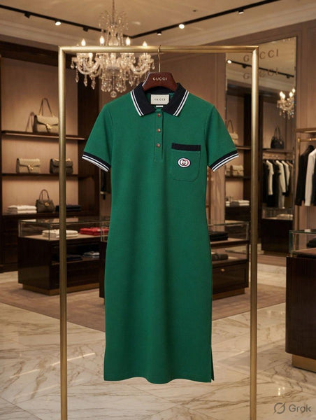 Women's Classic Polo Midi Dress – Elegant Green Luxury Casual Dress