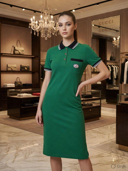 Women's Classic Polo Midi Dress – Elegant Green Luxury Casual Dress