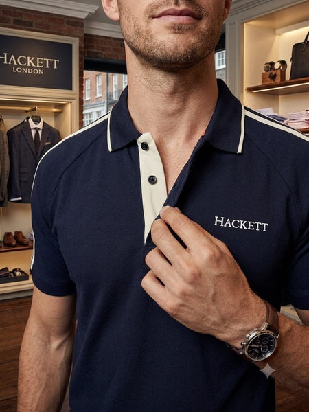 Men's Navy Blue Signature Polo T-Shirt with Contrast Shoulder Stripes