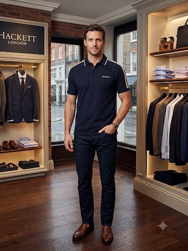 Men's Navy Blue Signature Polo T-Shirt with Contrast Shoulder Stripes