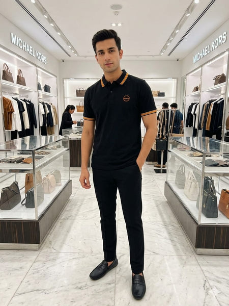 Men's Black Premium Polo T-Shirt with Contrast Tipped Collar & Sleeves